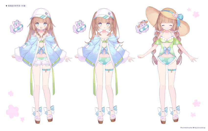 1girl, aqua-eyes, bare_sh, braid, brown_hair, hat, highres, long_hair, long_sleeves, mizumizu_(phoenix), mochikomame, navel, off_shoulder, open_clothes, open_mouth, swimsuit, twin_braids, twintails, virtual_youtuber, white_background