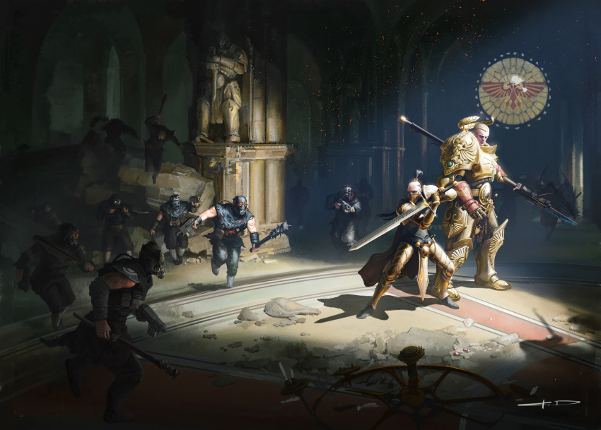 1girl, 6+boys, adeptus_custodes, aquila_(symbol), armor, armored_boots, attack, baggy_clothes