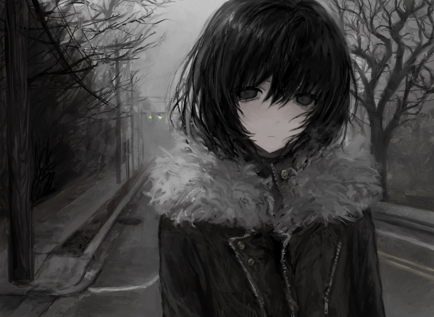 1girl, bare_tree, black_hair, black_jacket, chan8016, closed_mouth, coat, empty_eyes