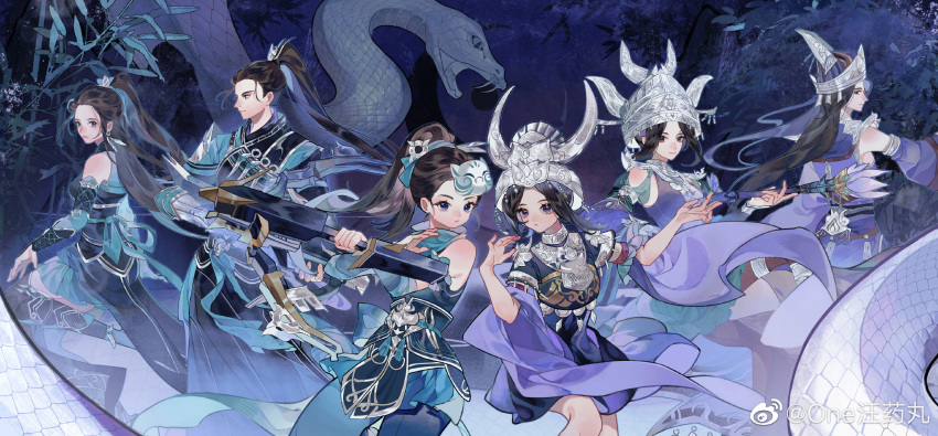 2boys, 4girls, argyle, argyle_sleeves, armor, bamboo, bare_shoulders, bishounen