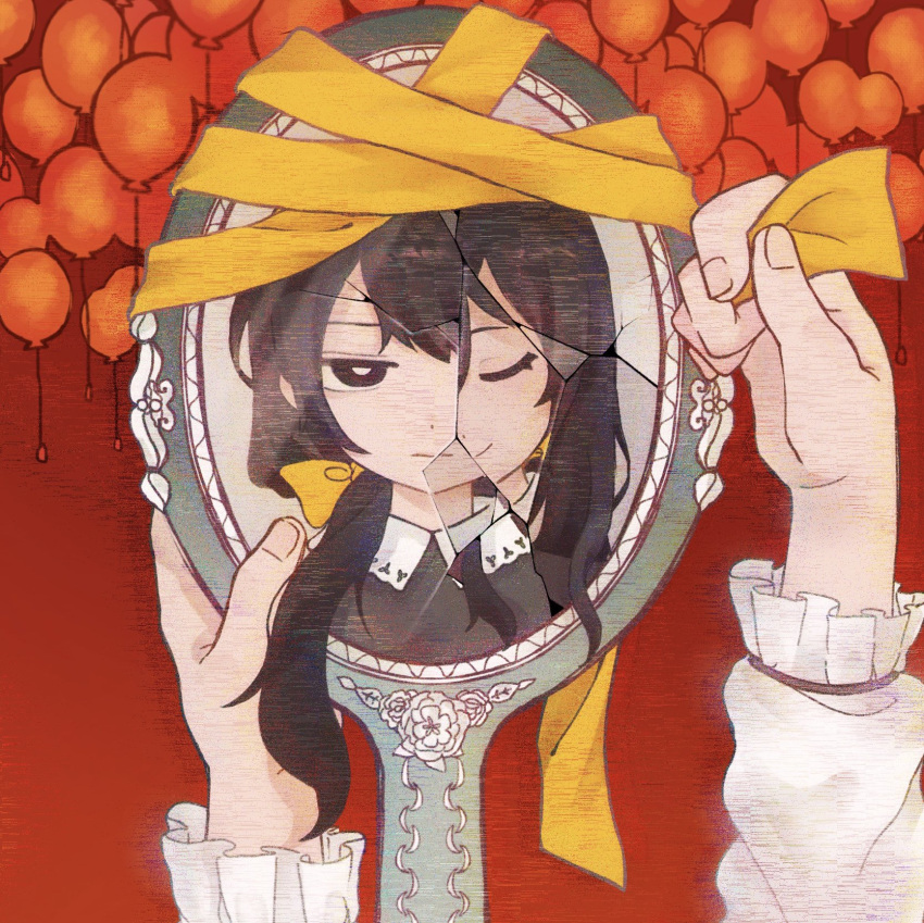 1girl, :|, apricot_(vocaloid), black_dress, black_eyes, black_hair, bow, bright_pupils, broken_mirror, cai_(cabbage_0j0), closed_eyes, closed_mouth, collared_dress, commentary, dress, glaring, hair_bow, hair_down, hair_over_shoulder, hand_mirror, highres, holding, holding_mirror, holding_ribbon, long_hair, long_sleeves, looking_at_viewer, low_ponytail, mirror, pov, pov_hands, red_background, reflection, ribbon, simple_background, smile, split_theme, through_mirror, too_many_balloons, vocaloid, white_pupils, white_sleeves, yellow_bow, yellow_ribbon