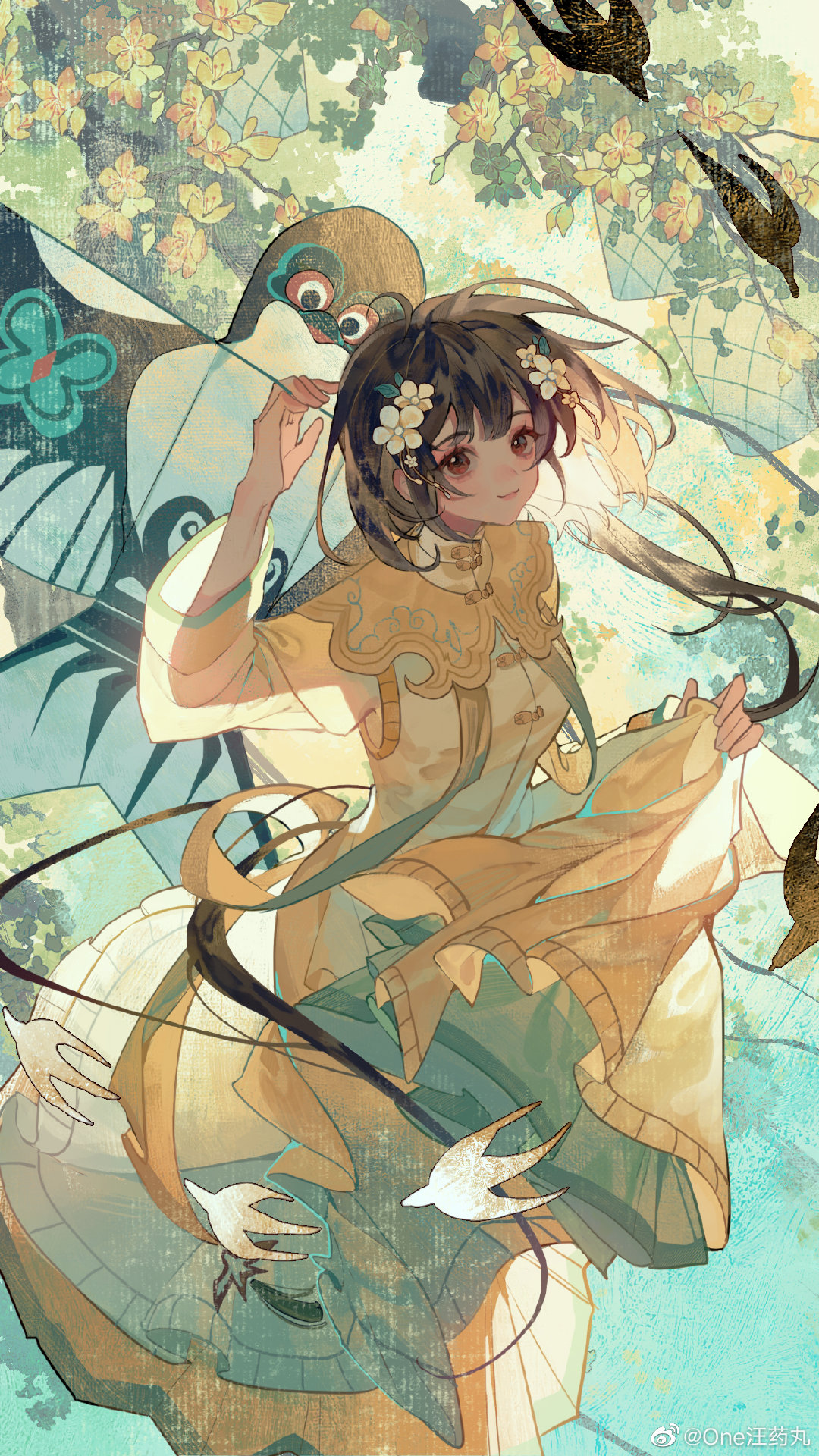 1girl, animal_print, back_bow, bird, black_hair, blue_bow, bow, brown_eyes