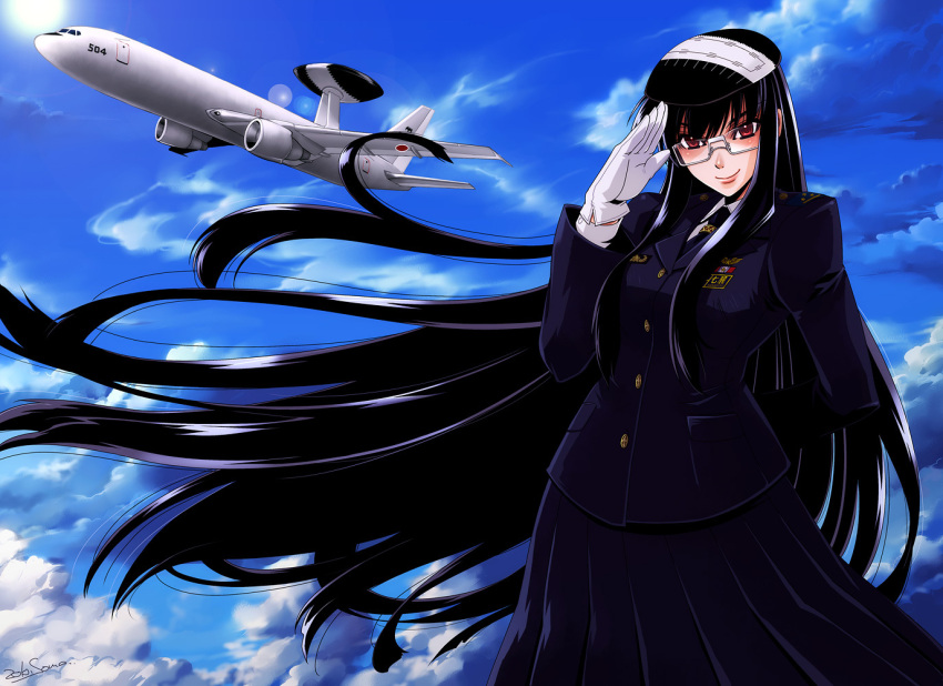 black_hair, boeing_e-767, cloud, female, glasses, gloves, hat, japan_air_self-defense_force