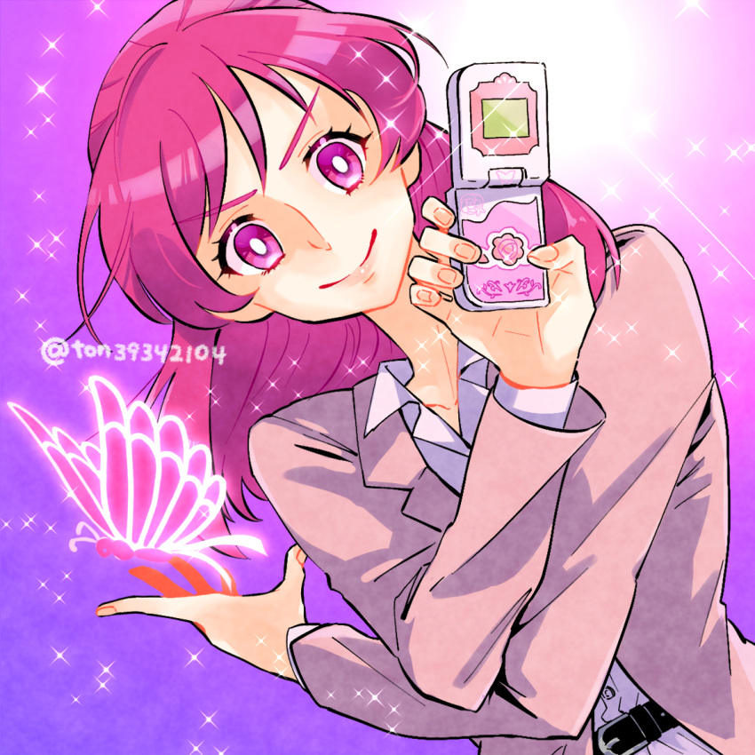 1girl, belt, black_belt, blazer, bright_pupils, bug, butterfly, collared_shirt