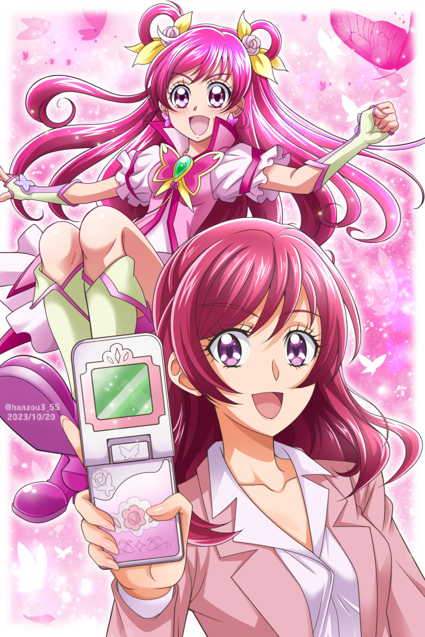 2girls, :d, bike_shorts, blazer, blouse, boots, brooch, bug