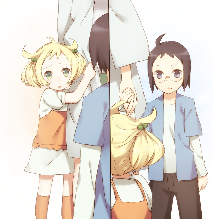 barrettes, bel_(pokemon), bell_(pokemon), blonde_hair, blue_hair, cheren_(pokemon), from_behind, glasses, hair_bobbles, hair_ornament, holding_hands, labcoat, over-the-shoulder, perspective, pokemon, pokemon_(game), pokemon_black_and_white, pokemon_bw, raemz, weee, weee_(raemz), young