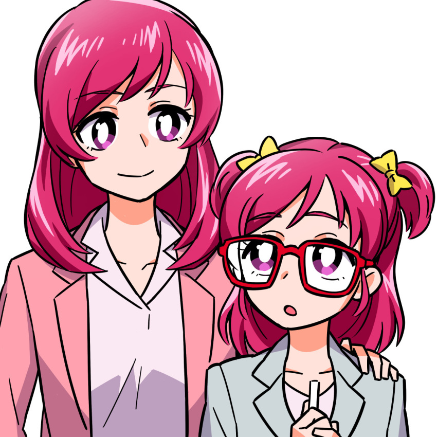 2girls, :o, blazer, bright_pupils, closed_mouth, dress_shirt, dual_persona, glasses