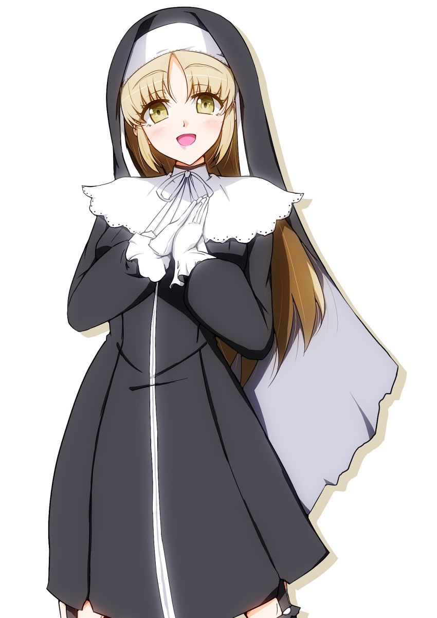 1girl, :d, black_dress, blush, brown_eyes, capelet, contrapposto, cowboy_shot