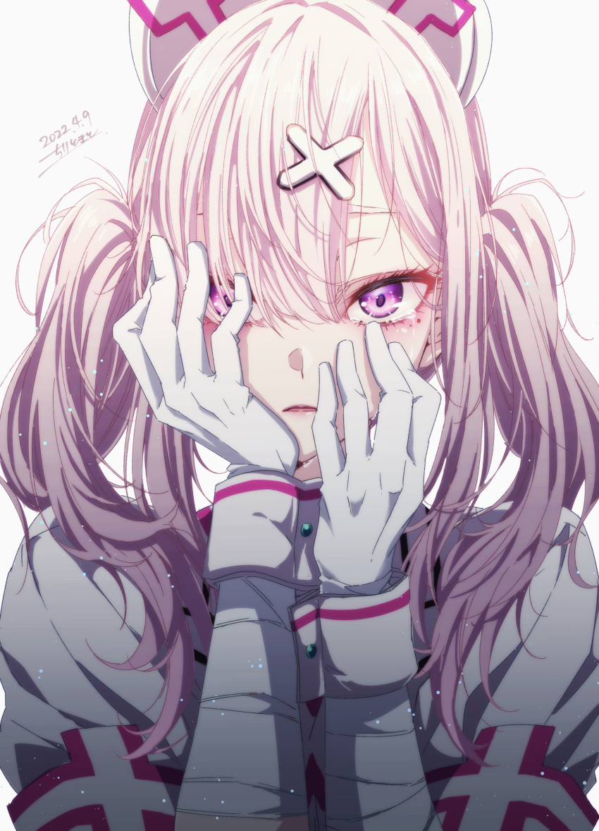 1girl, absurdres, bandaged_arm, bandages, chiri_to_mato, covering_own_eyes, crying, crying_with_eyes_open, eyelashes, gloves, hair_ornament, hairclip, hands_on_own_cheeks, hands_on_own_face, hat, highres, long_hair, looking_at_viewer, mole, mole_under_eye, nijisanji, nurse, nurse_cap, shisui_kiki_(1st_costume), solo, sukoya_kana, tears, twintails, violet_eyes, virtual_youtuber, white_gloves, white_hair, x_hair_ornament