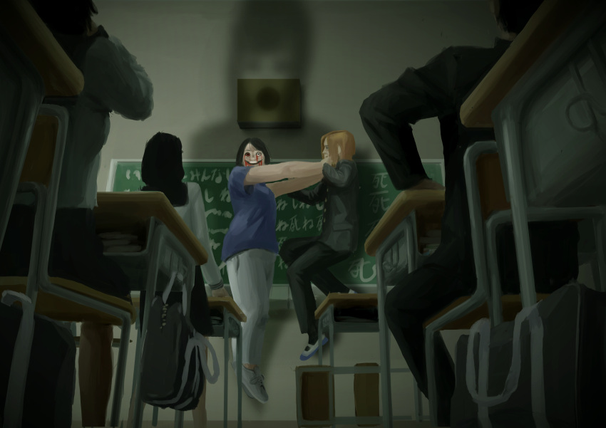 absurdres, black_hair, blood, blood_on_face, chair, chalkboard, desk, floating, highres, horror_(theme), indoors, multiple_boys, multiple_girls, original, pants, school_desk, school_uniform, shadow, sitting, translation_request, xlazyx