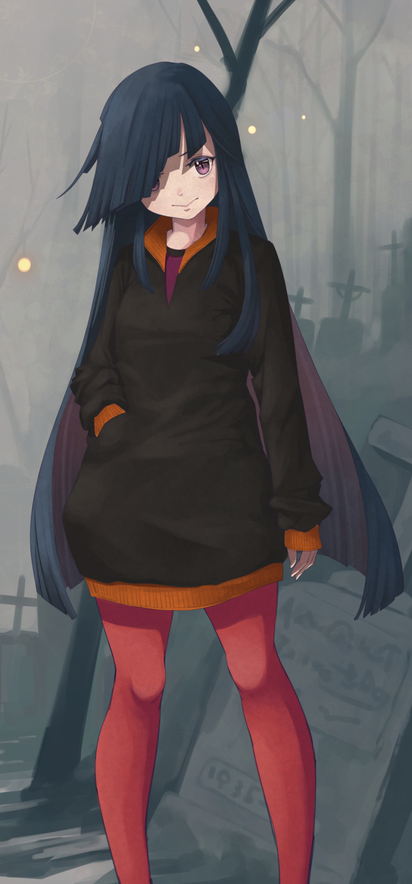 1girl, absurdres, black_hair, black_shirt, closed_mouth, graveyard, hair_over_one_eye, hayashimo_(kancolle)