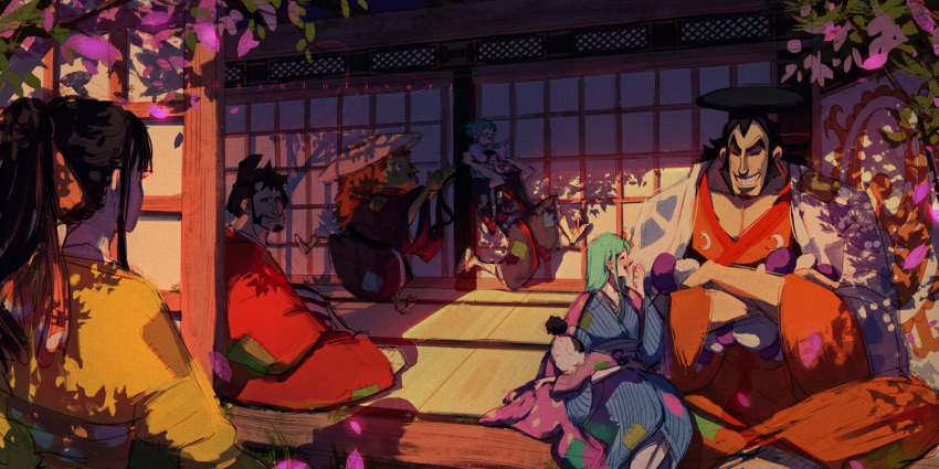 2girls, 6+boys, aqua_hair, azulolivart, black_hair, blush, closed_mouth, colored_skin