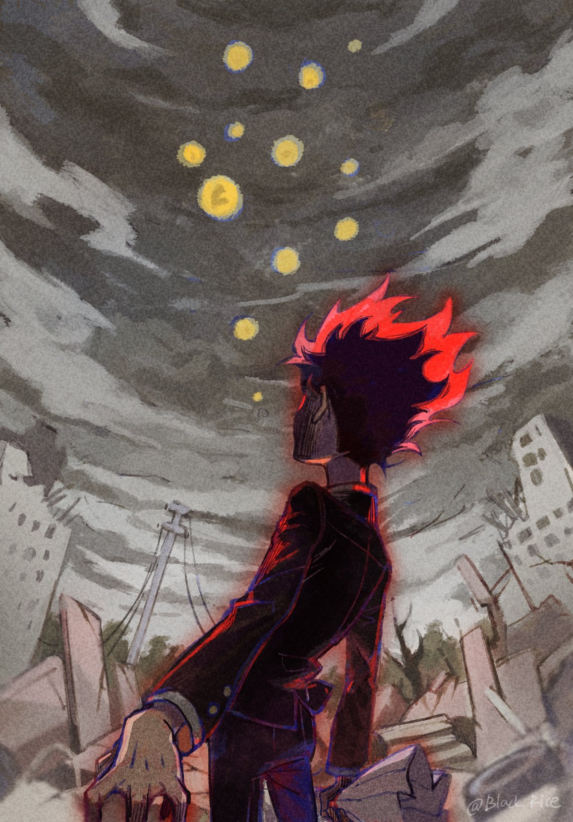 1boy, aura, back, black_hair, black_jacket, black_pants, building, buttoned_cuffs, clouds, cloudy_sky, collared_shirt, dark_persona, debris, floating, floating_hair, gakuran, glowing, glowing_eyes, grey_sky, highres, holding, holding_paper, jacket, kageyama_shigeo, levitation, light_particles, milifeimili, mob_psycho_100, pants, paper, psychic, red_aura, red_eyes, ruins, school_uniform, shaded_face, shirt, sky, solo, telekinesis, utility_pole, wheel
