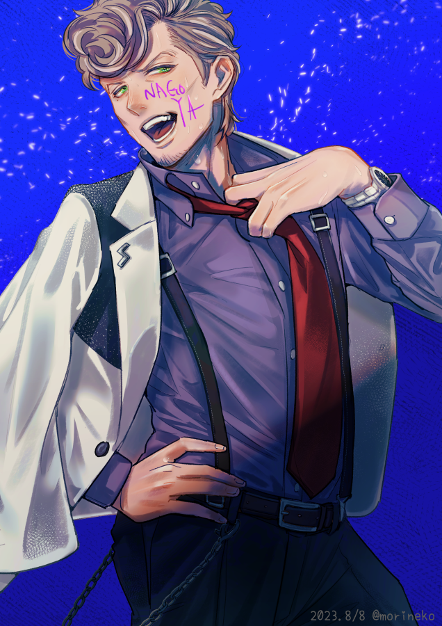 1boy, :d, adjusting_clothes, adjusting_necktie, amaguni_hitoya, belt, black_pants, blue_background
