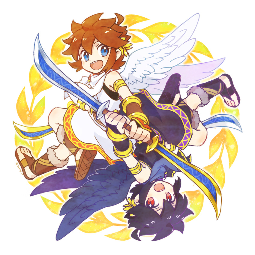 2boys, ahoge, angel, angel_wings, armlet, black_hair, blue_eyes, brown_hair