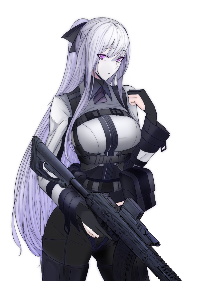 1girl, ak-12, artificial_eyes, assault_rifle, belt, belt_pouch, black_gloves, eyebrows_hidden_by_hair, girls_frontline, gloves, gun, hair_between_eyes, highres, holding, holding_gun, holding_weapon, kalashnikov_rifle, long_bangs, long_hair, long_sleeves, looking_at_viewer, pink_eyes, ponytail, pouch, rifle, simple_background, solo, strap, swavigg, tactical_clothes, weapon, white_background, white_hair