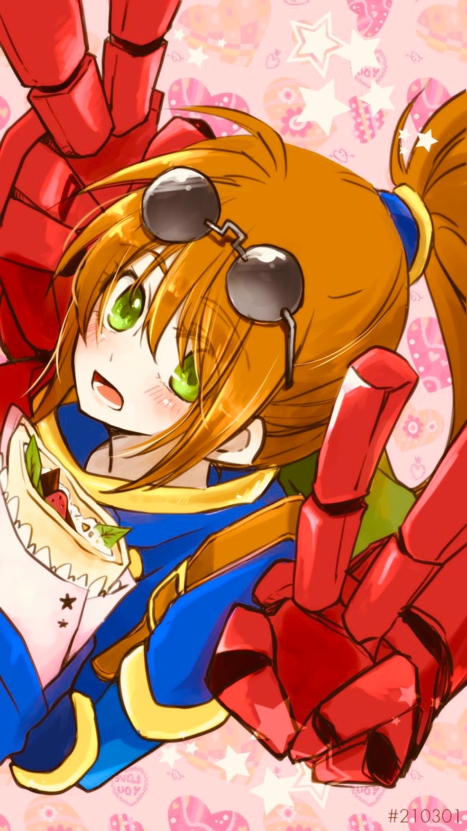1girl, backpack, bag, brown_hair, commentary, crepe, double_v, eyewear_on_head