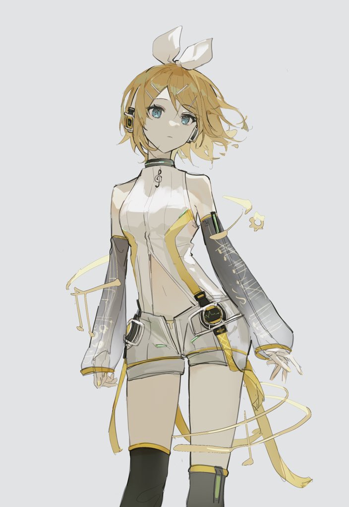 1girl, aqua_eyes, arm_warmers, bare_shoulders, beamed_eighth_notes, blonde_hair, bow, clothing_cutout