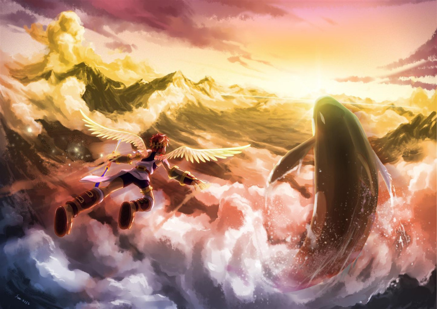 1boy, angel, angel_wings, armlet, bow_(weapon), brown_hair, clouds, dated, flying, from_behind, kid_icarus, kid_icarus_uprising, laurel_crown, mountain, orca, pit_(kid_icarus), pxl_(pxltw), scenery, signature, sparkle, sun, weapon, wings