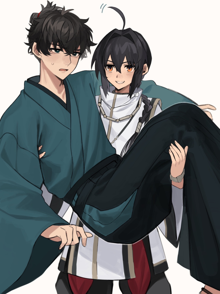 1boy, 1other, ahoge, ameman, androgynous, black_eyes, black_hair, blue_kimono