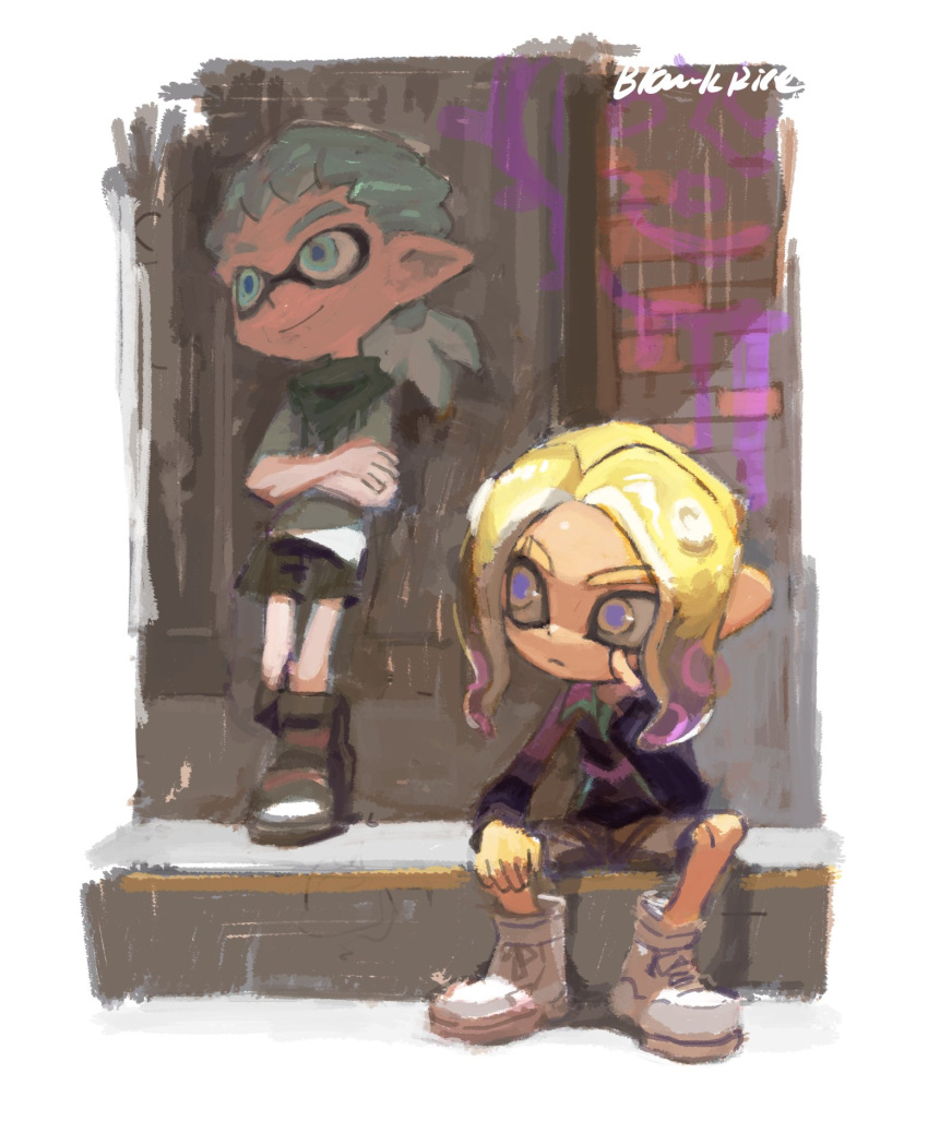 2boys, against_wall, aqua_eyes, aqua_hair, black_shorts, blonde_hair, brick_wall, cheek_rest