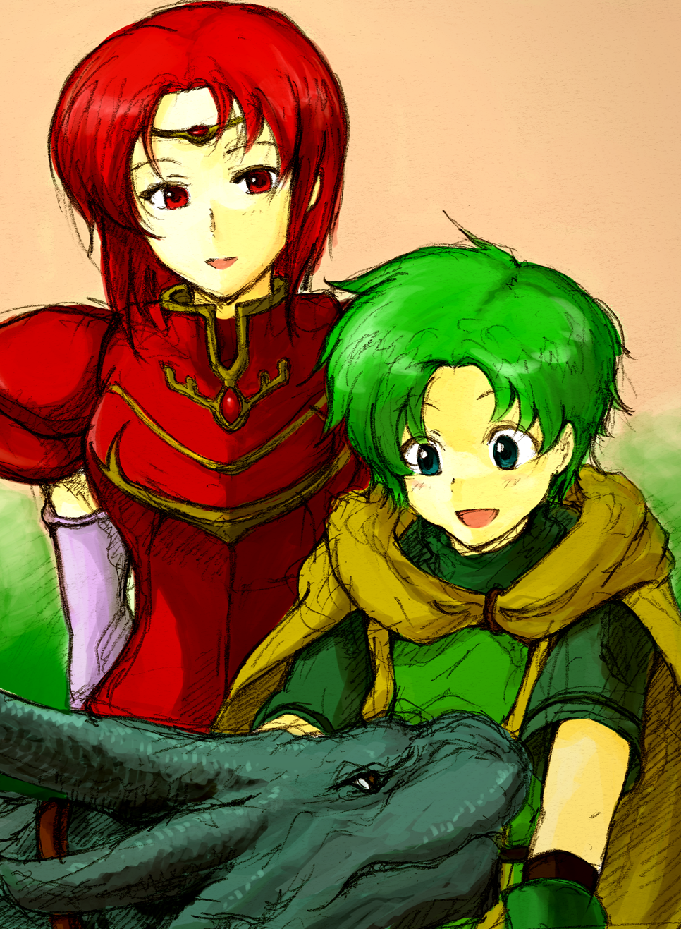 1boy, 1girl, :d, anetan, cape, circlet, commentary_request, dragon