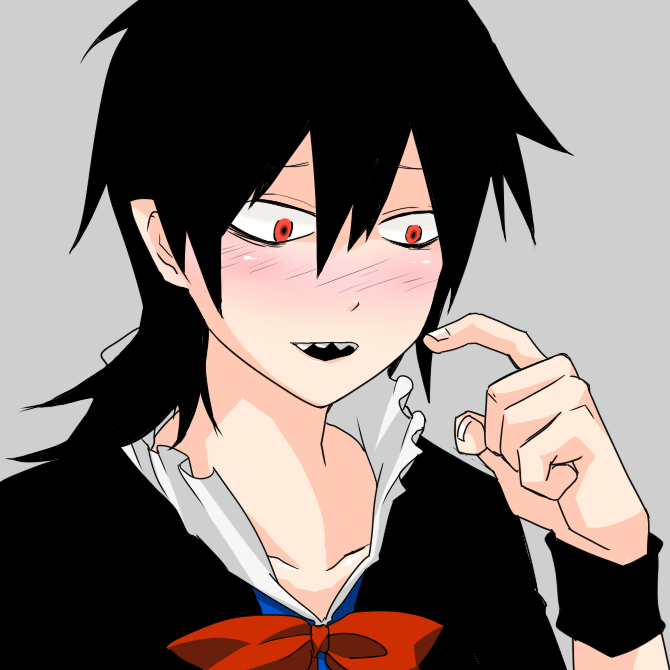 ako96, black_hair, blush, bowtie, houjuu_nue, red_eyes, sharp_teeth, short_hair, smile, touhou, wristband