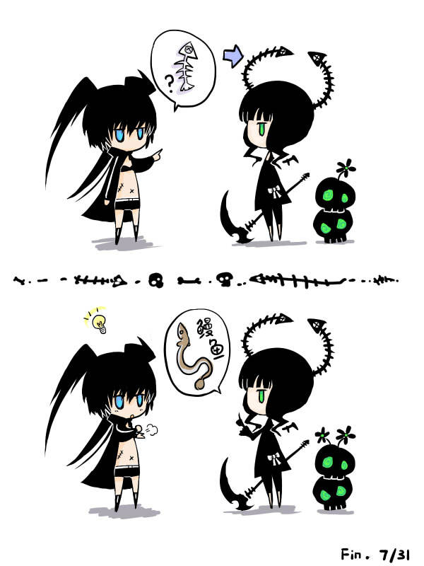 2girls, :o, black_rock_shooter, black_rock_shooter_(character), blue_eyes, comic, dead_master, fish, flower, green_eyes, horns, huu00, idea, lightbulb, multiple_girls, scar, scythe, shorts, skull, twintails
