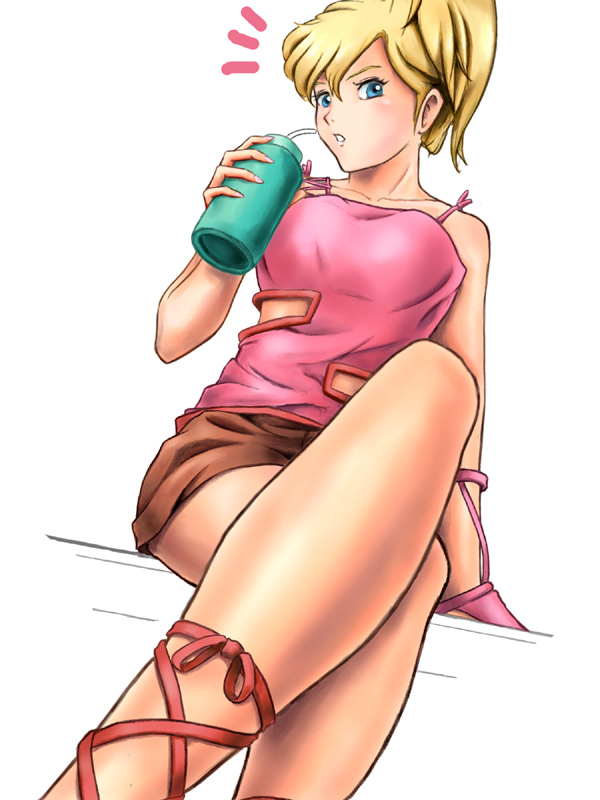 blonde_hair, blue_eyes, bottle, camisole, cross-laced_footwear, crossed_legs, elle_vianno, foreshortening