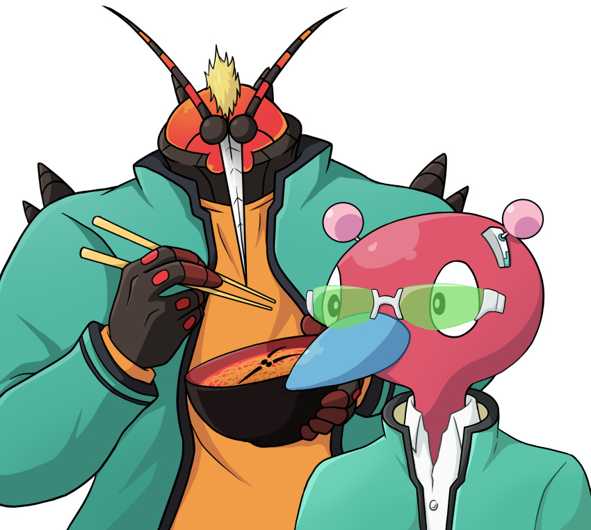 absurdres, antennae, blonde_hair, bowl, buzzwole, chopsticks, collared_shirt, cosplay