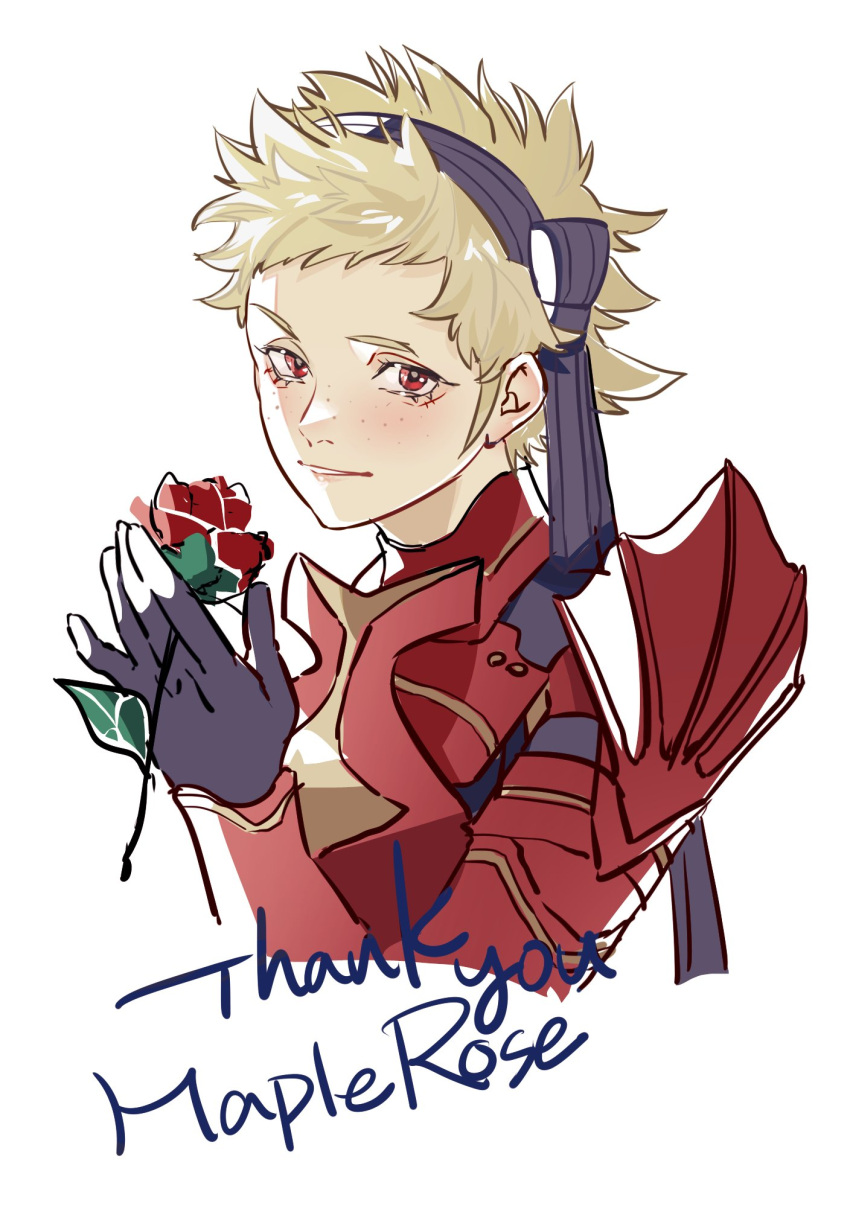 black_gloves, blonde_hair, fire_emblem, fire_emblem_fates, flower, gloves, hairband, highres, holding, holding_flower, looking_at_viewer, medium_hair, misokatsuhaumai, red_armor, red_eyes, red_flower, red_rose, rose, scarlet_(fire_emblem), upper_body