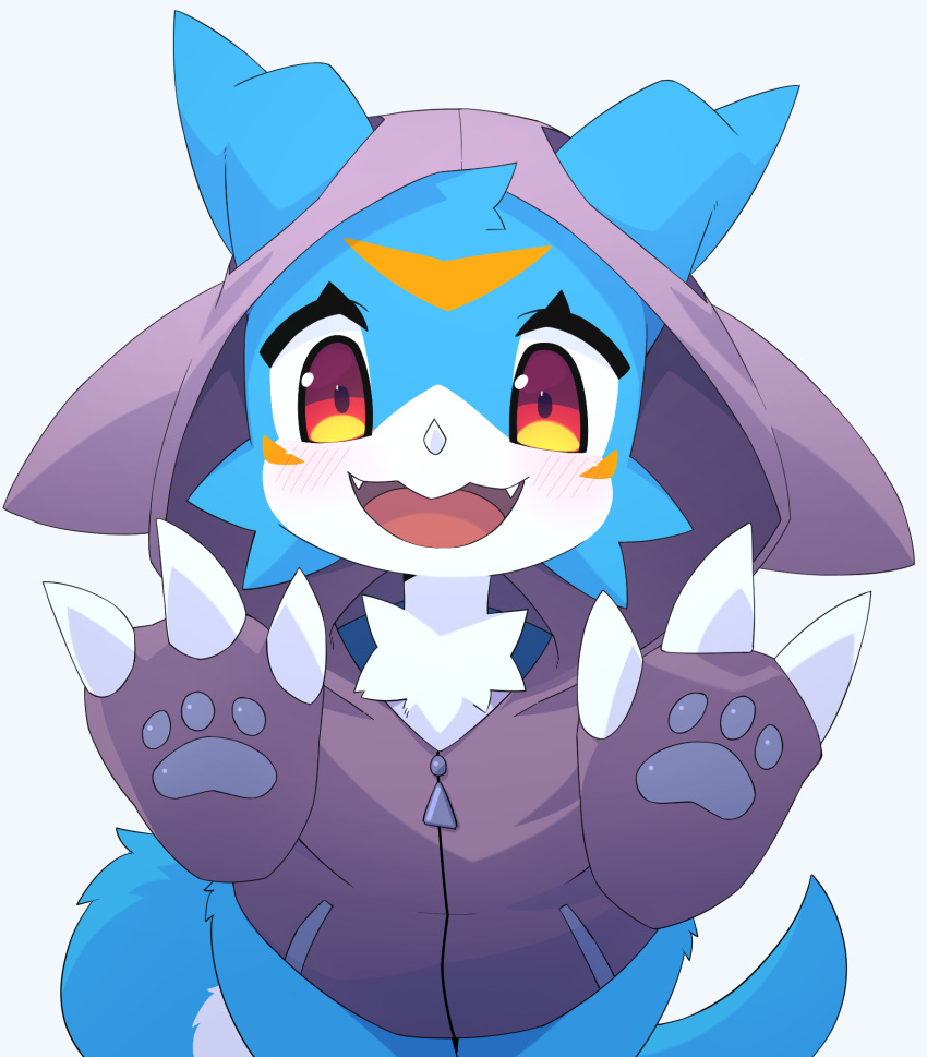 1other, animal_ears, animal_hands, blue_background, blue_fur, blush, body_fur, bottomless