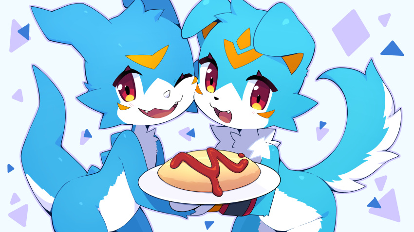 2others, :3, absurdres, animal_ears, animal_nose, blue_background, blue_fur, blush