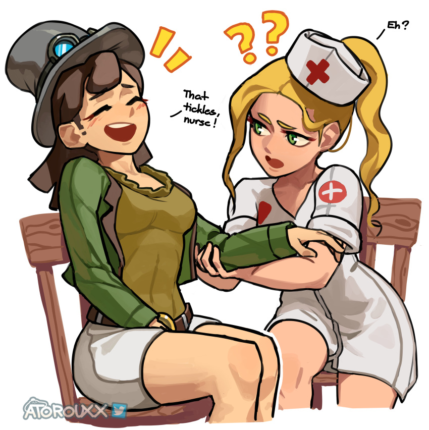 2girls, ?, ??, absurdres, atoroux, belt, blonde_hair, breasts