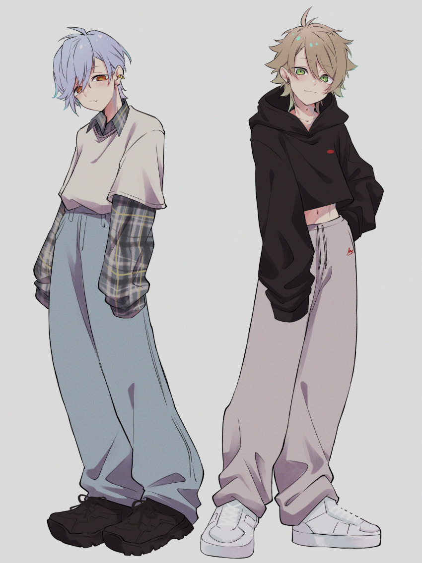 2boys, a3!, absurdres, black_footwear, black_hoodie, blonde_hair, closed_mouth, crop_top