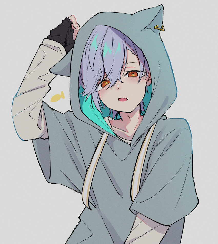 1boy, a3!, absurdres, animal_hood, black_gloves, cat_hood, earrings, gloves
