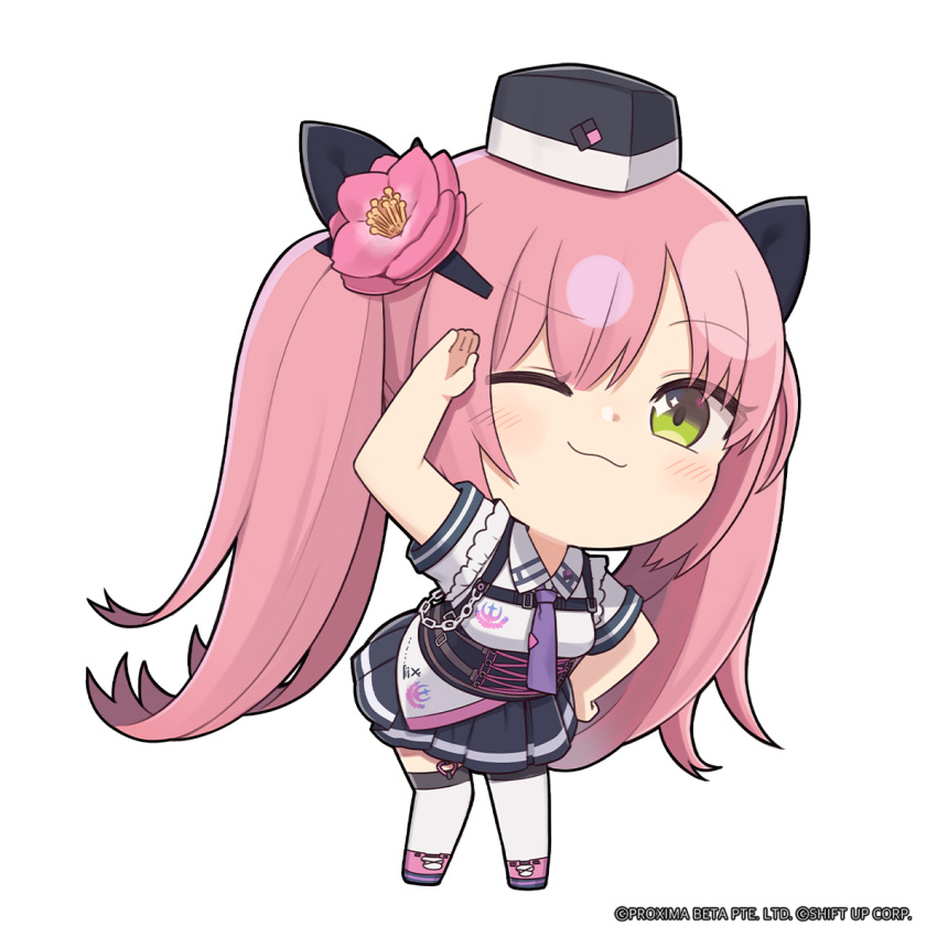1girl, anchor_print, arm_up, black_headwear, breasts, chibi, closed_mouth, commentary