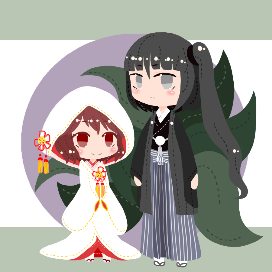 2others, adagumo_no_yaorochi, androgynous, black_hair, black_jacket, black_kimono, blue_pants, bride
