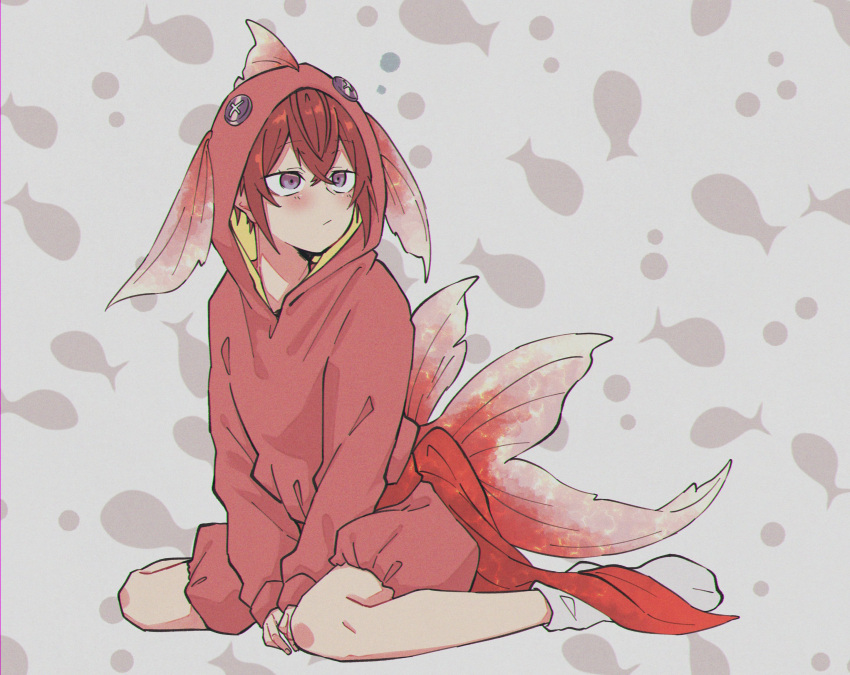 1boy, fins, fish_hood, fish_tail, grey_eyes, highres, hood, hood_up