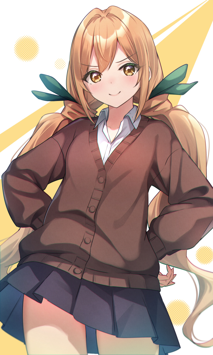 1girl, absurdres, alisia0812, black_skirt, blush, brown_cardigan, brown_hair, cardigan
