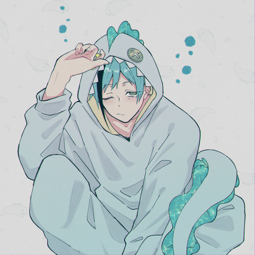 absurdres, blue_hair, closed_eyes, fish_hood, floyd_leech, grey_eyes, grey_hood, hair_between_eyes