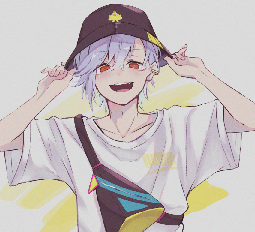 1boy, a3!, bag, black_headwear, earrings, fang, grey_hair, hat