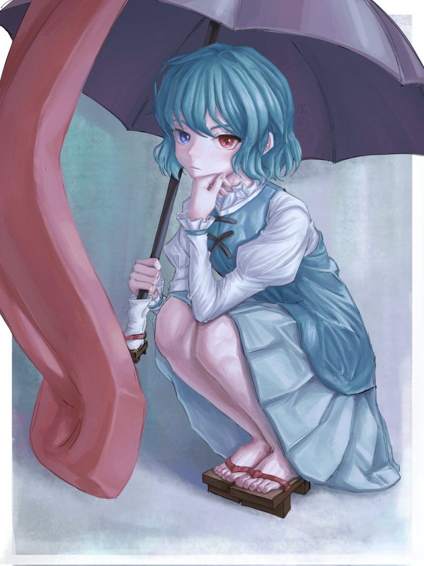 1girl, blue_eyes, blue_hair, blue_skirt, blue_vest, closed_mouth, commentary_request, full_body