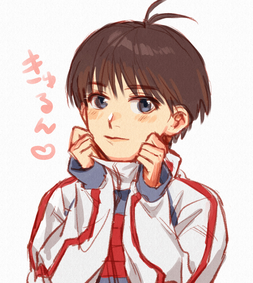 1girl, androgynous, antenna_hair, black_eyes, blush, brown_hair, close-up, closed_mouth
