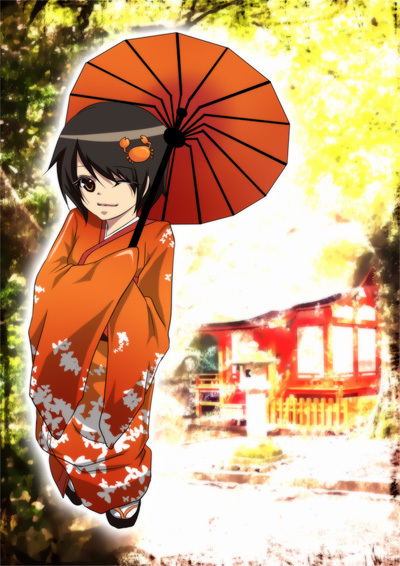 black_hair, brown_eyes, crab, hairpiece, japanese_clothes, kimono, kyeonjoo, long_sleeves