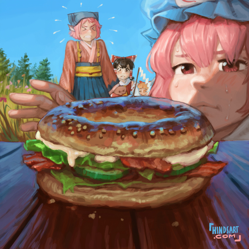 >_<, 4girls, absurdres, animal_ears, bacon, bagel, bird_ears, black_hair, blonde_hair, blue_hakama, blue_sky, bow, cheese, clenched_hand, detached_sleeves, eyebrows_hidden_by_hair, flying_sweatdrops, food, frown, gohei, grass, hair_bow, hair_tubes, hakama, hakurei_reimu, hat, highres, hindsart, holding, holding_gohei, ibuki_suika, japanese_clothes, lettuce, mob_cap, multiple_girls, mystia_lorelei, pink_eyes, pink_hair, saigyouji_yuyuko, sandwich, sky, sweat, table, tall_grass, touhou, tree, v-shaped_eyebrows, web_address