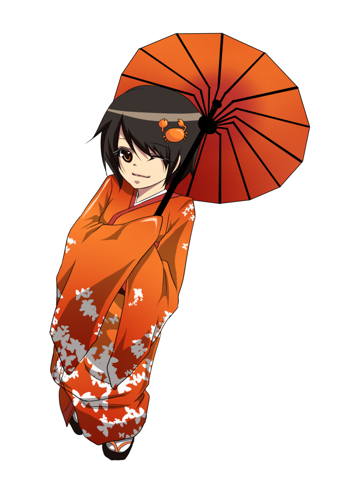 black_hair, brown_eyes, crab, hair_ornament, hairpiece, japanese_clothes, kimono, kyeonjoo