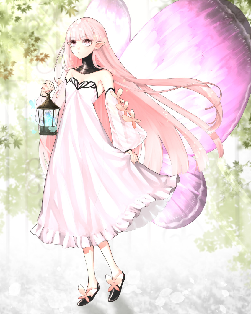 1girl, bare_shoulders, black_footwear, breasts, butterfly_ornament, butterfly_wings, clothes_pull, coral_(fate)