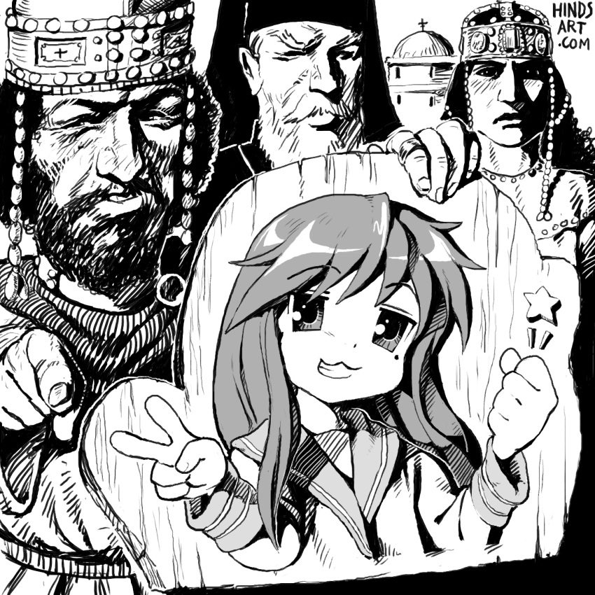 1girl, 3boys, beard, building, byzantine_architecture, byzantine_empire, clenched_hand, commentary
