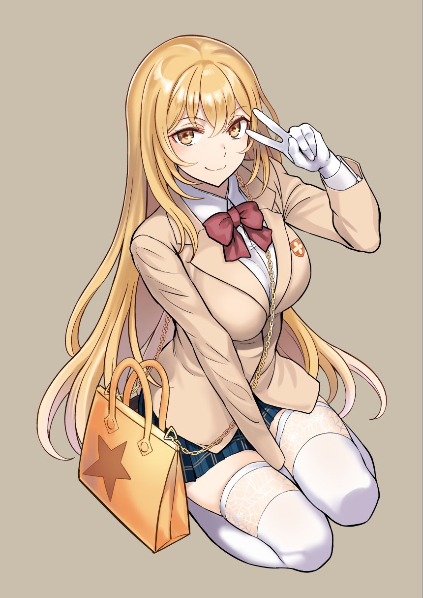 1girl, bag, blazer, blonde_hair, blue_skirt, bow, bowtie, breasts